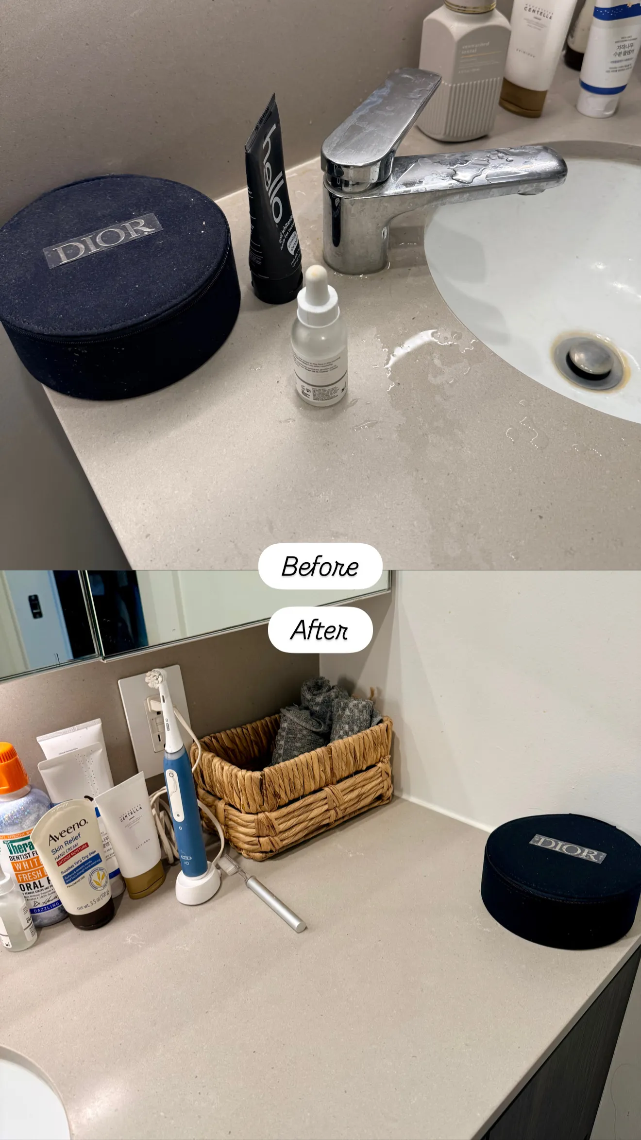 Bathroom sink before and after cleaning