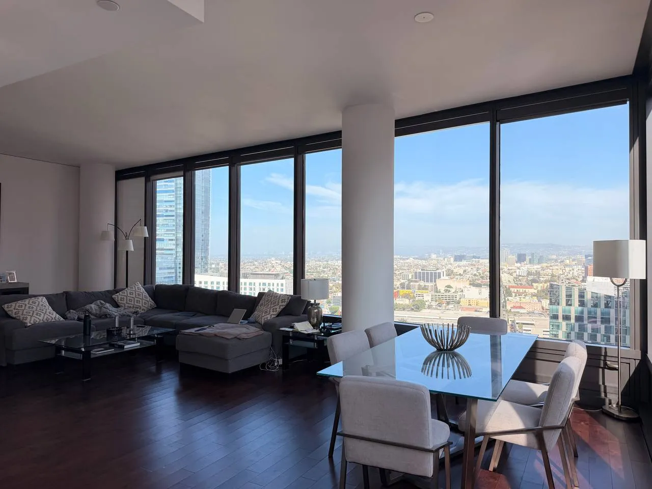 Living room with a city view after cleaning